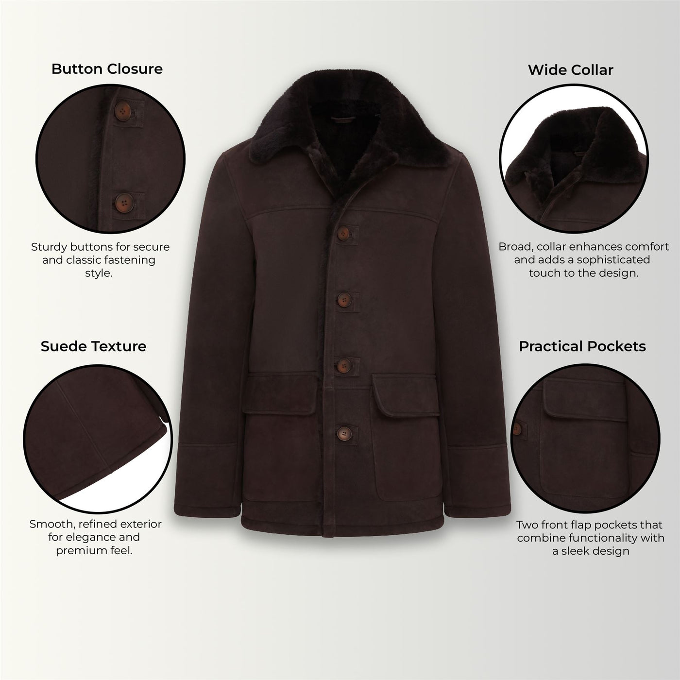 Mens Brown Shearling Sheepskin Car Coat - Elverum