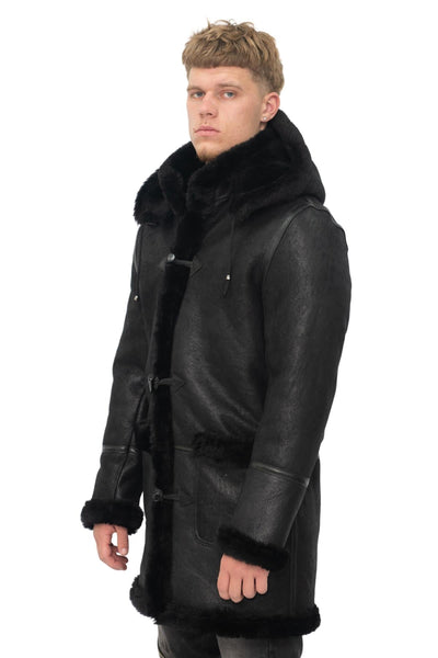 Mens Winter Sheepskin Hooded Duffle Coat-Isleworth