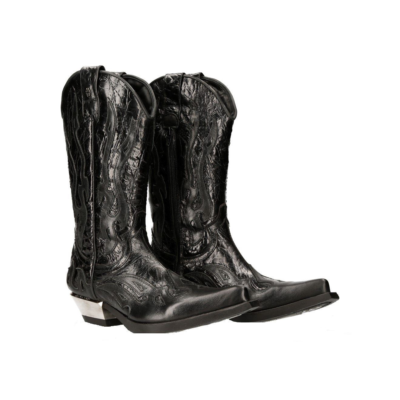 New Rock Flame Accented Black Leather Biker Cowboy Boots- M-7921-S1