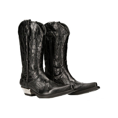 New Rock Flame Accented Black Leather Biker Cowboy Boots- M-7921-S1