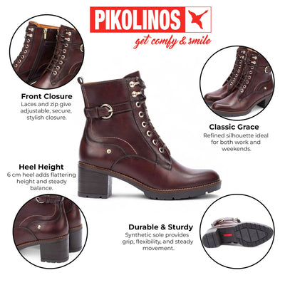Pikolinos Women’s Caoba Brown Leather Mid-Heel Combat Ankle Boots - Llanes