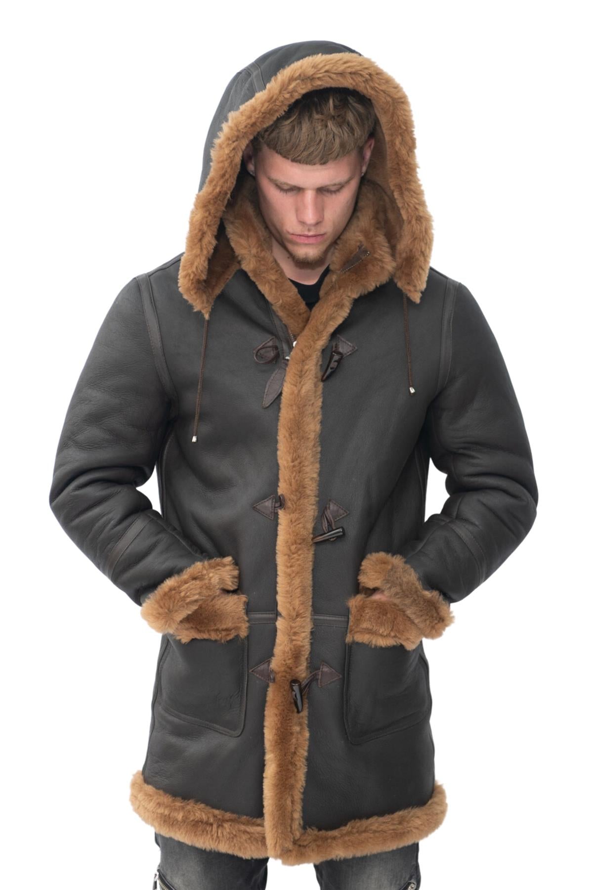 Mens Winter Sheepskin Hooded Duffle Coat-Isleworth