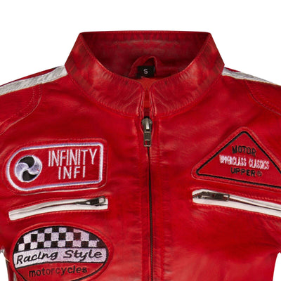 Womens Biker Racing Badges Leather Jacket-Eastleigh - Upperclass Fashions 