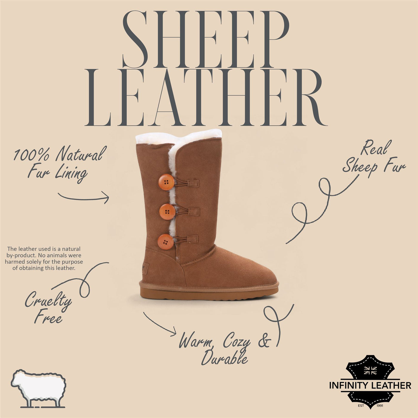 Women's Sheepskin Suede Tan Button Warm Winter Calf Boots - Willow