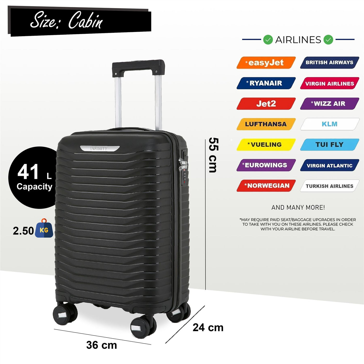 Robust Hard Shell Cabin Suitcase 36 x 24 x 55 cm TSA Luggage Suitable for Easyjet, Ryanair, Wizzair