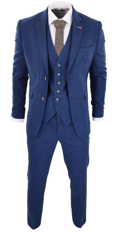 Mens 3 Piece Blue Tweed Wool Twill Vintage Classic Suit