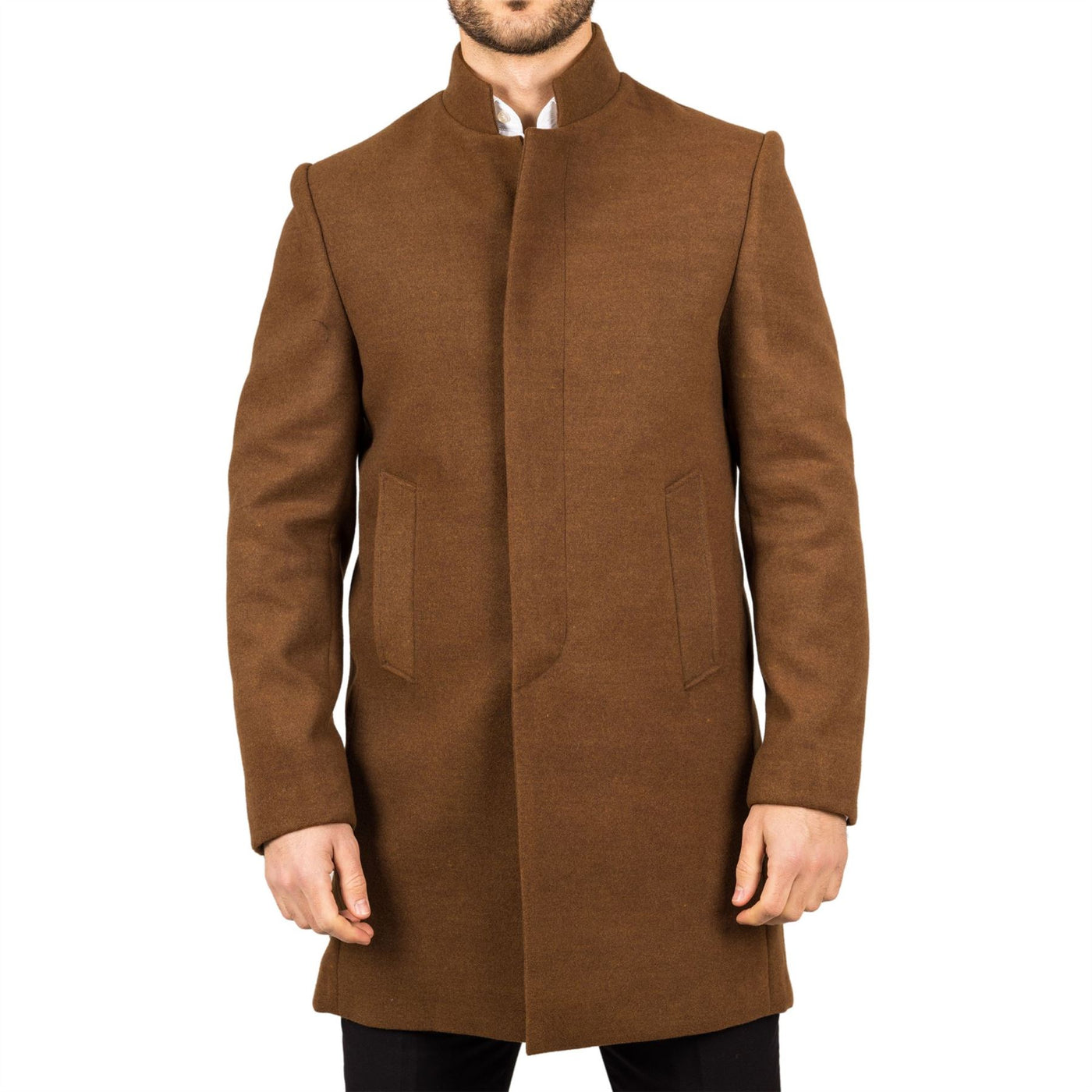 Men's Brown Stand Collar Wool Blend Overcoat