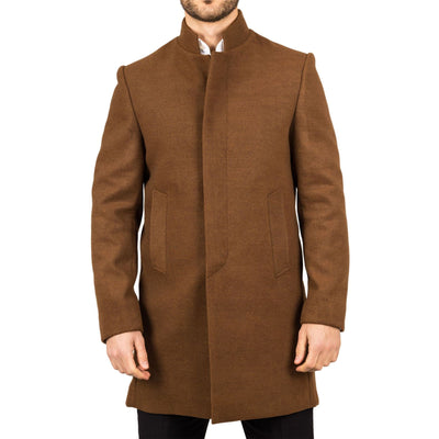 Men's Brown Stand Collar Wool Blend Overcoat