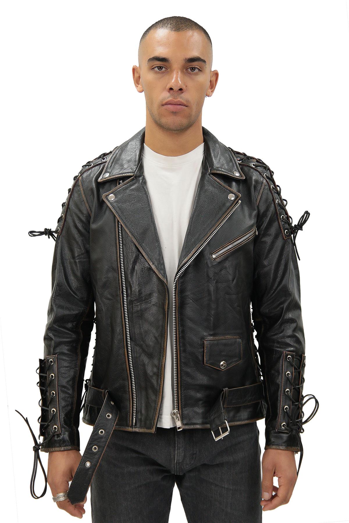 Mens Embossed Brando Leather Biker Jacket-Chicago