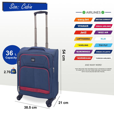 Soft Shell Cabin Suitcase 54 x 38 x 21 cm Lightweight Luggage Suitable for Easyjet, Ryanair