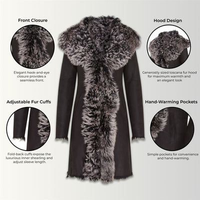 Womens Toscana Sheepskin Leather Hooded Trench Coat - Coast