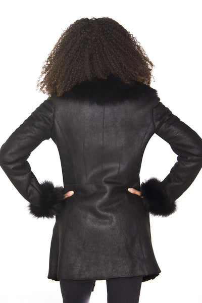 Womens Black Merino Shearling Coat with Toscana Collar-Fortaleza