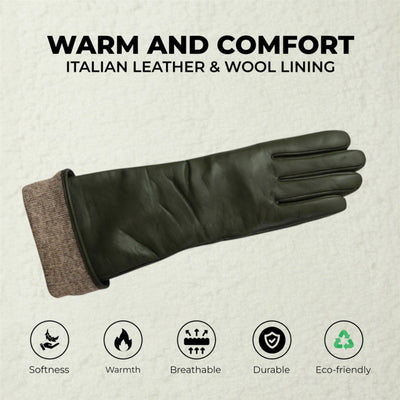 Womens Long Italian Leather Winter Soft Wool Lining Gloves