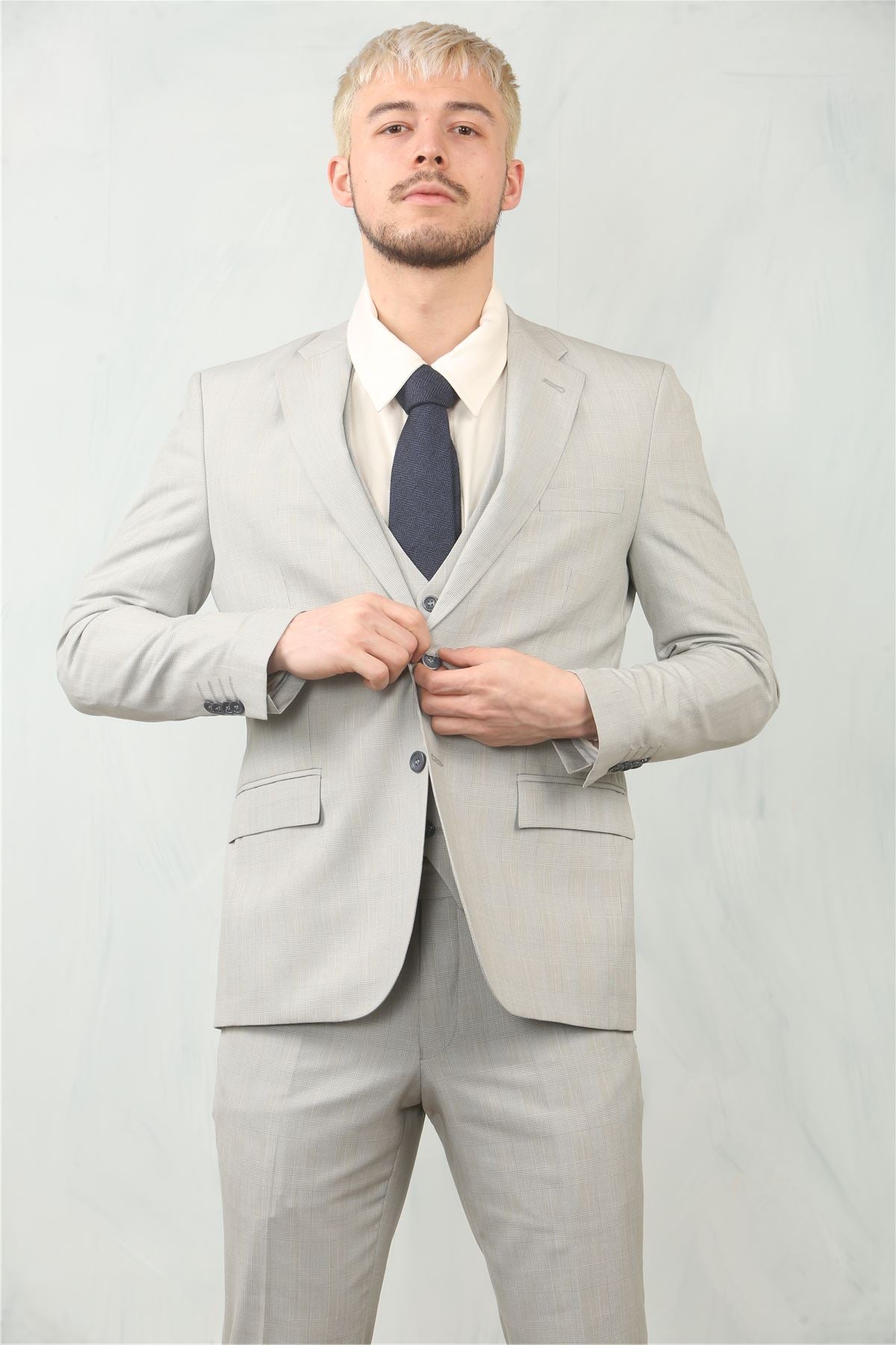 Men's 3 Piece Prince Of Wales Grey Suit Workwear