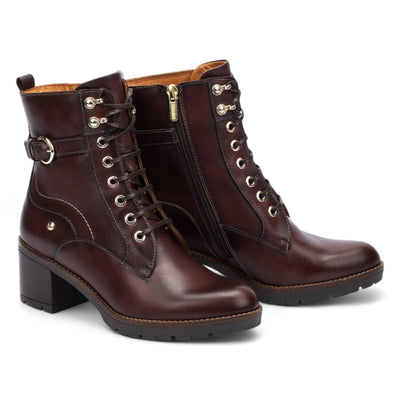 Pikolinos Women’s Caoba Brown Leather Mid-Heel Combat Ankle Boots - Llanes