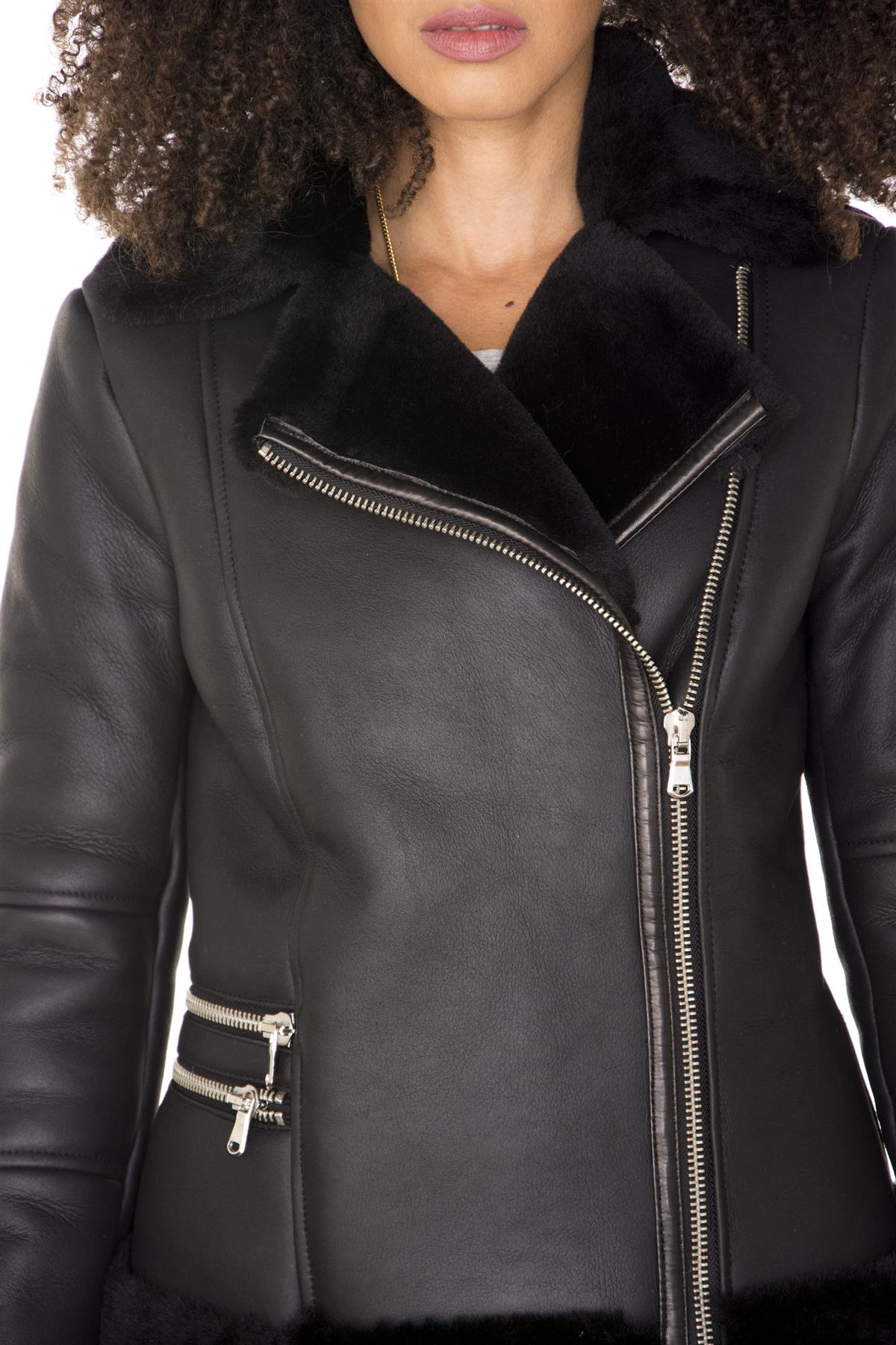 Womens Black Shearling Sheepskin Aviator Jacket-Patchway