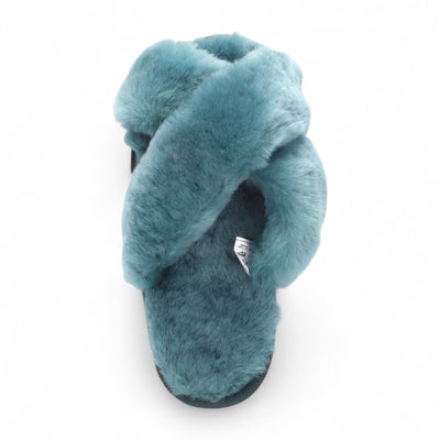 Women's Sheepskin Slippers Teal Warm Winter Fur Crossover - Snowbelle