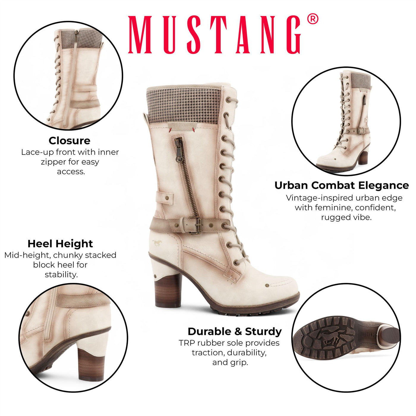 Mustang Women's Cream White Mid-Calf Lace Up Heeled Combat Boots