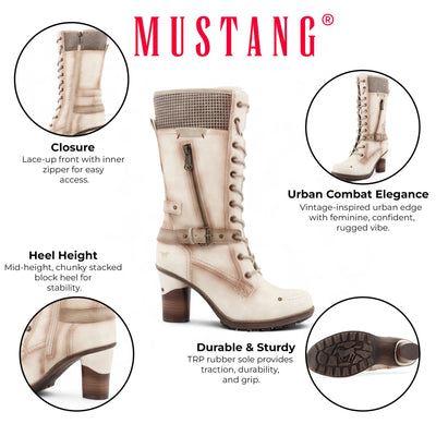 Mustang Women's Cream White Mid-Calf Lace Up Heeled Combat Boots