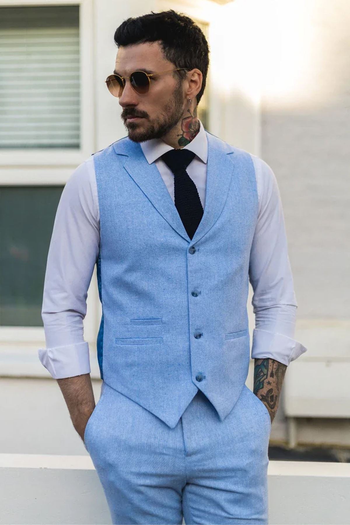 Men's Summer 2 Piece Suit Linen Formal Blue Waistcoat Trousers