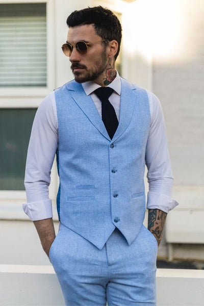 Men's Summer 2 Piece Suit Linen Formal Blue Waistcoat Trousers