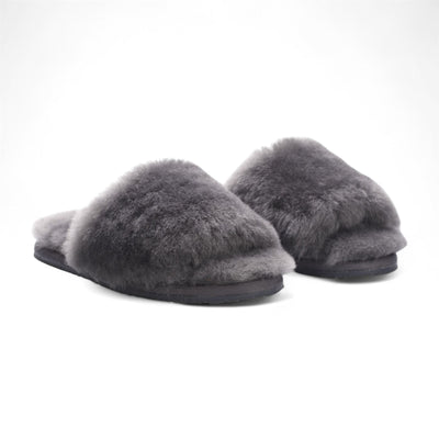 Women's Sheepskin Slippers Grey Warm Winter Fur Sliders - Nordic