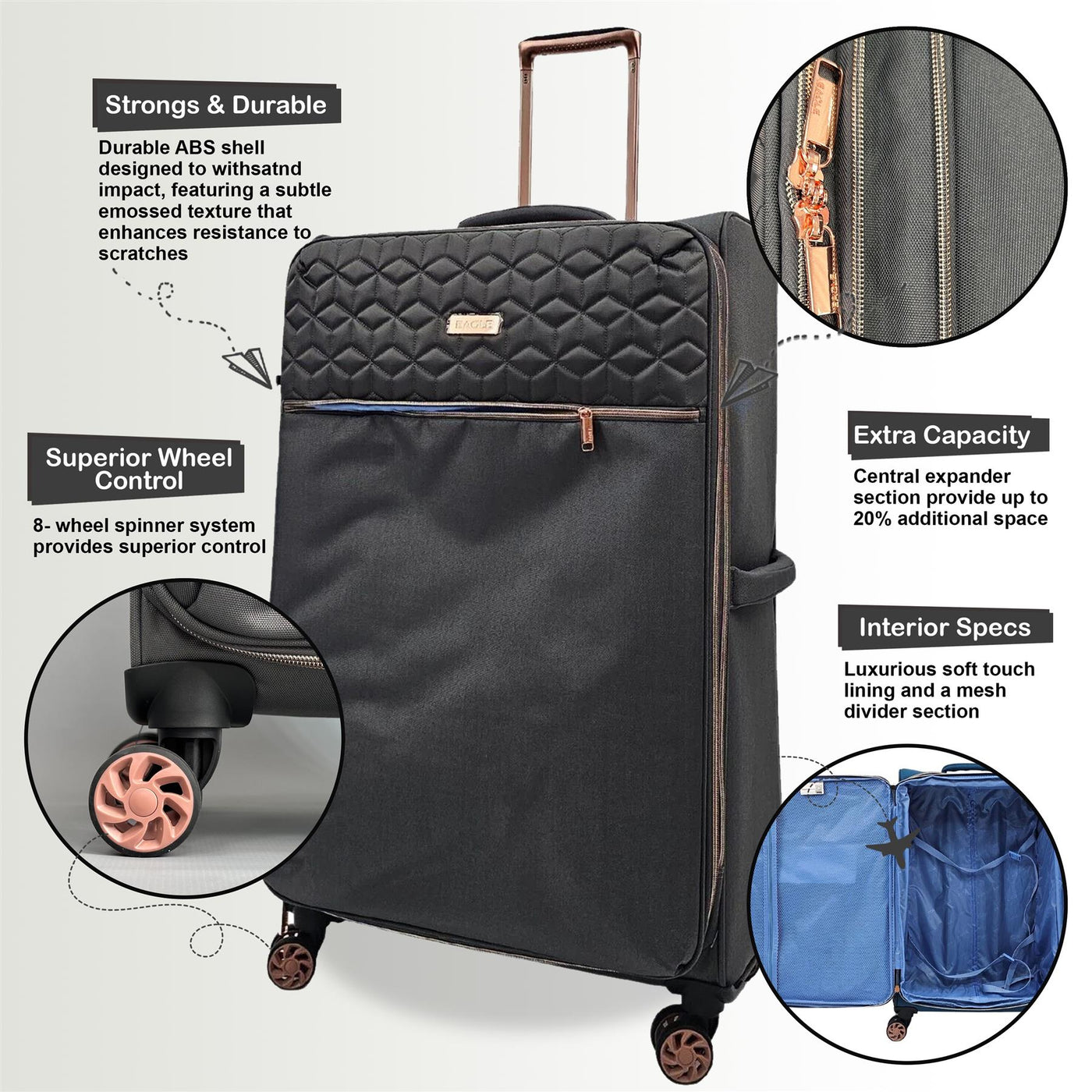 Cabin 4 Wheel Luggage Travel Soft Lightweight Bags
