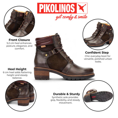 Pikolinos Women’s Forest Brown Leather Zip & Lace Up Heel Ankle Boots - San Sebastia