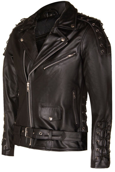Mens Embossed Brando Leather Biker Jacket-Chicago