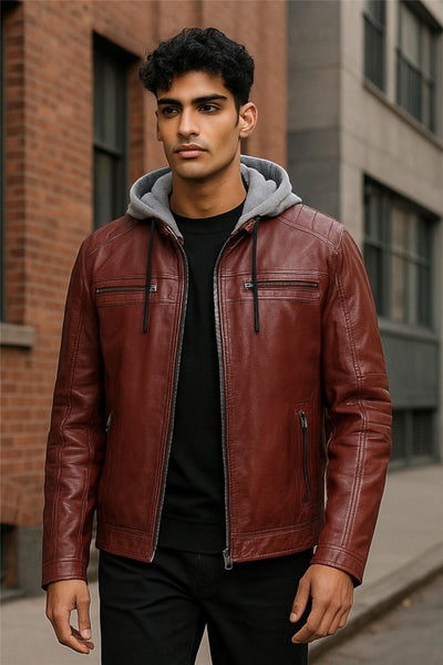 Men's Hooded Biker Lamb Leather Jacket - Burten