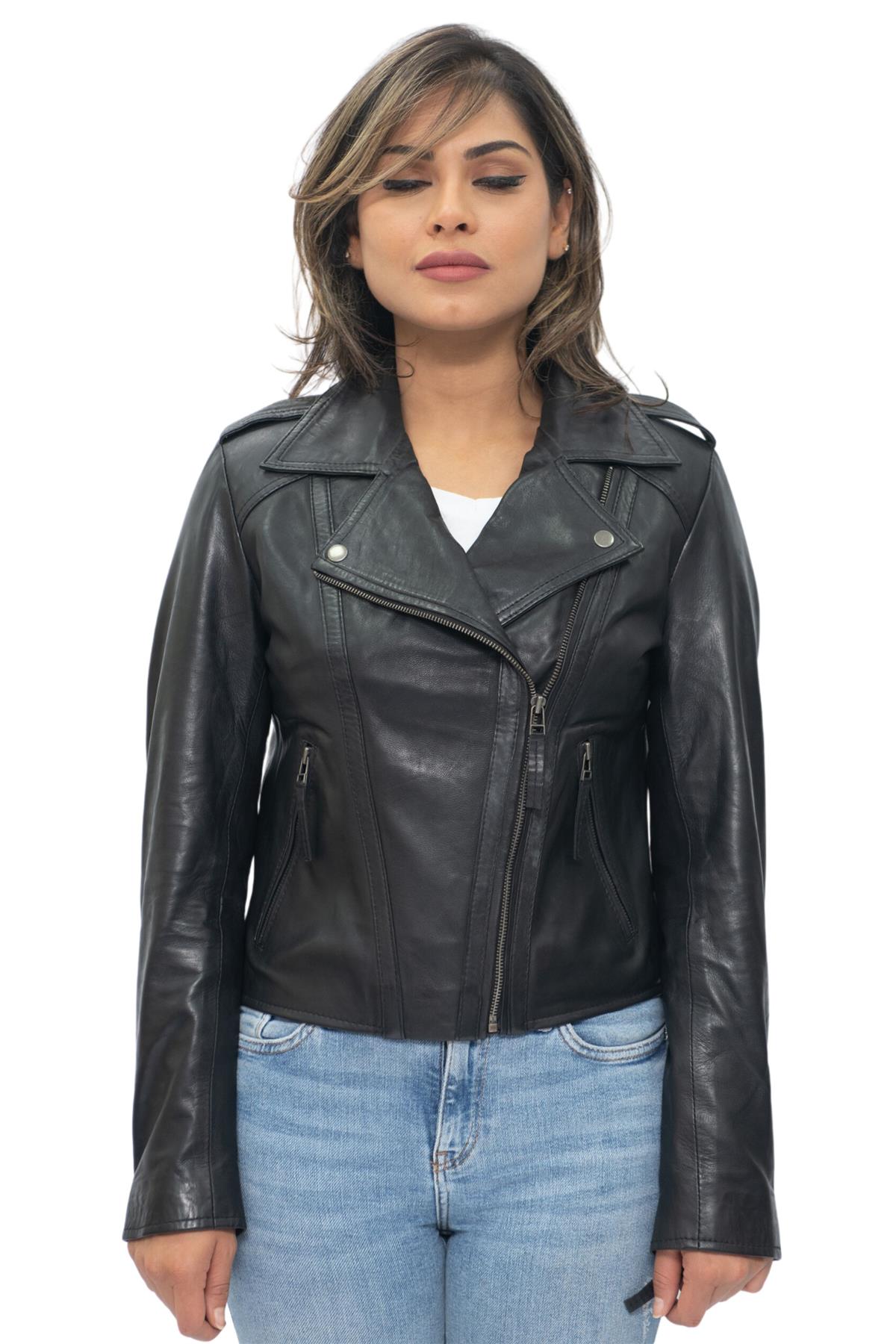 Womens Black Leather Biker Jacket-Tamale