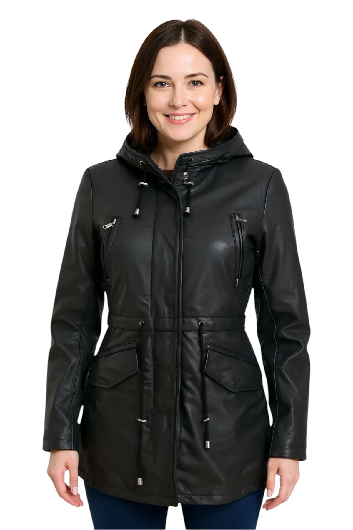 Giacca parka con cappuccio in pelle da donna - Bucarest