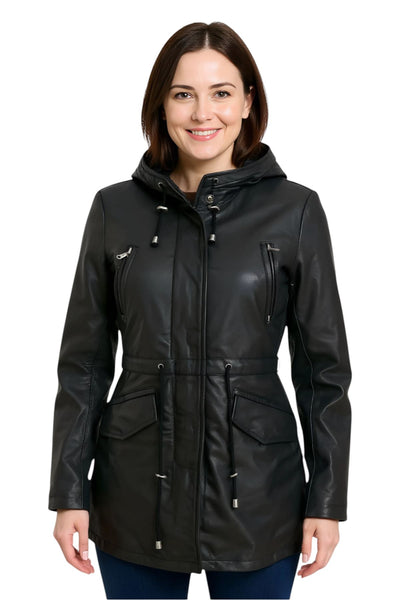Giacca parka con cappuccio in pelle da donna - Bucarest