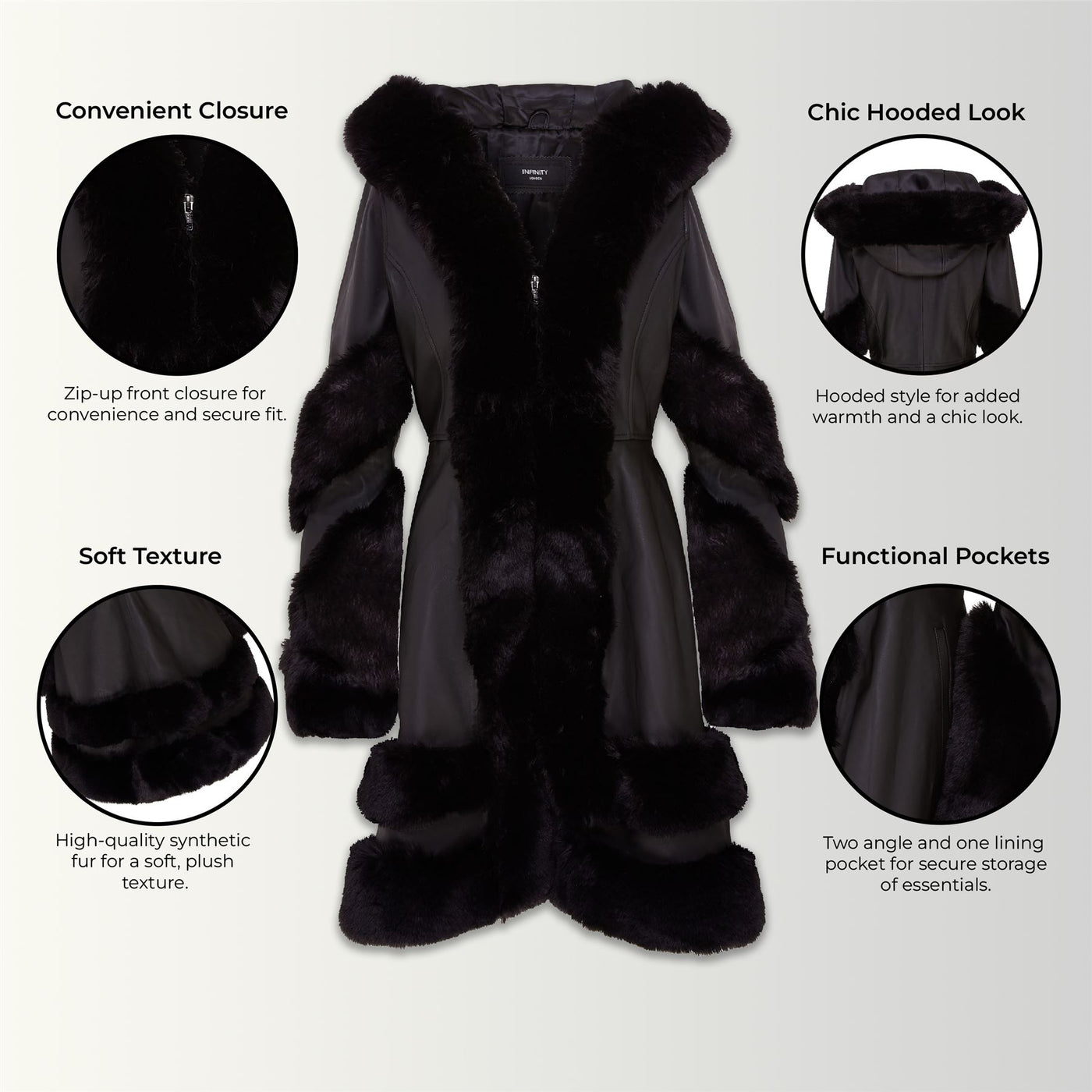 Womens Flared Black Leather Hooded Cape Coat With Fur - Mandal