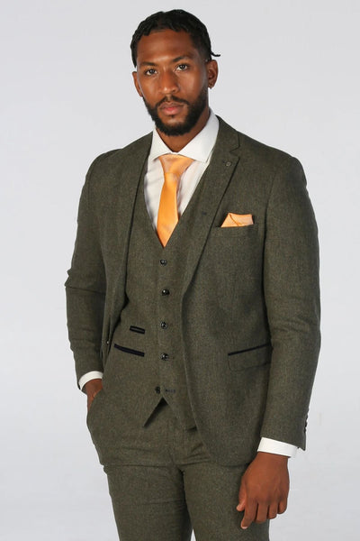 Men's Olive Green Wool Blend Tweed Formal Suit