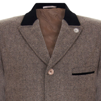 Mens 3/4 Brown Long Crombie Overcoat Jacket Herringbone Tweed Coat Peaky Blinder
