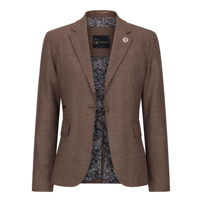 Women's Brown Three-Piece Tailored Fit Suit in Prince of Wales Check
