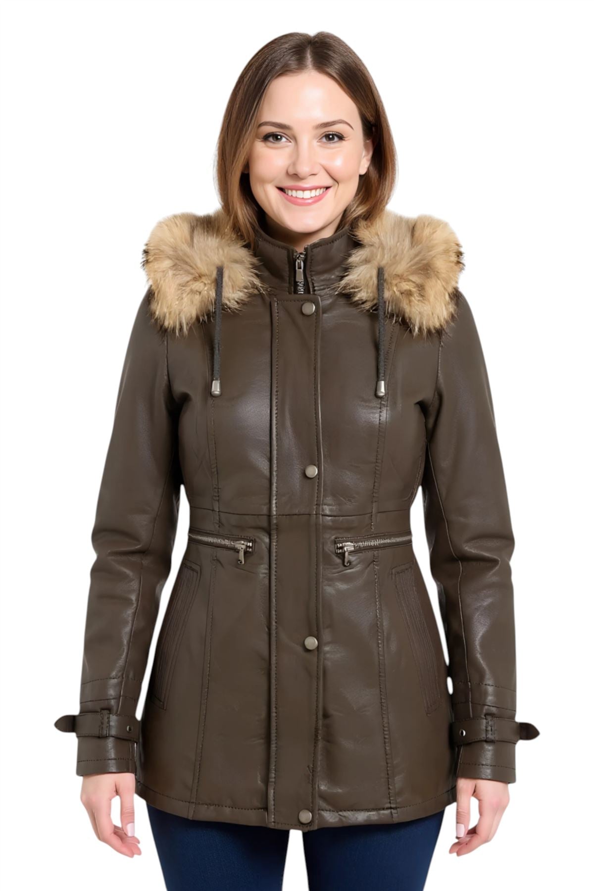 Parka da donna in pelle con cappuccio-Putian
