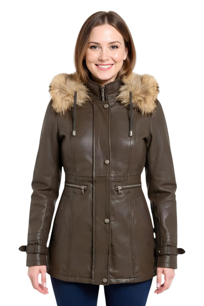 Parka da donna in pelle con cappuccio-Putian