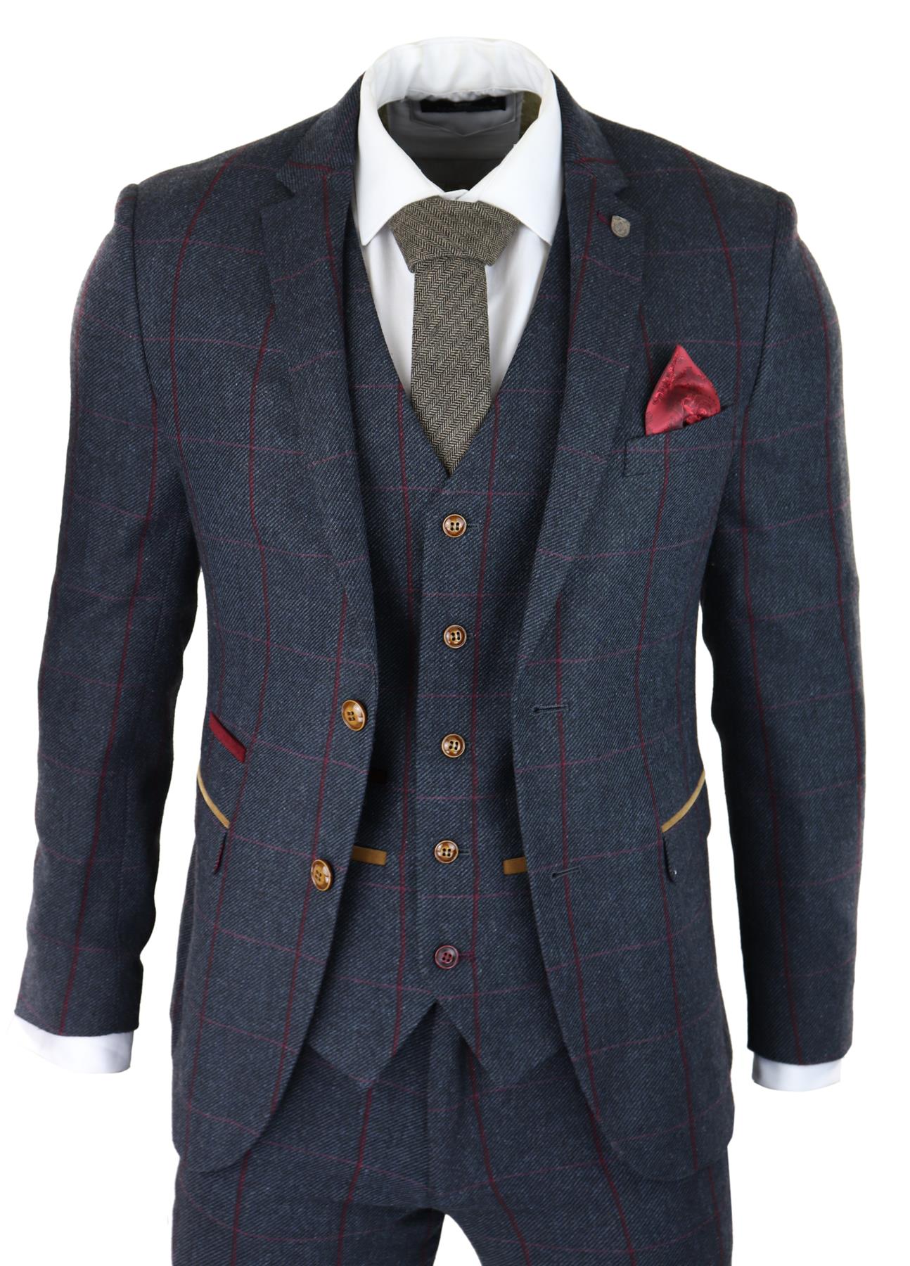 Mens Herringbone Tweed Suit 3 Piece Navy Blue Peaky Blinders 1920s Tailored Fit