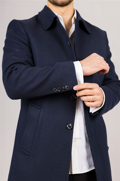 Men's Wool Blend Classic Collar Navy Overcoat