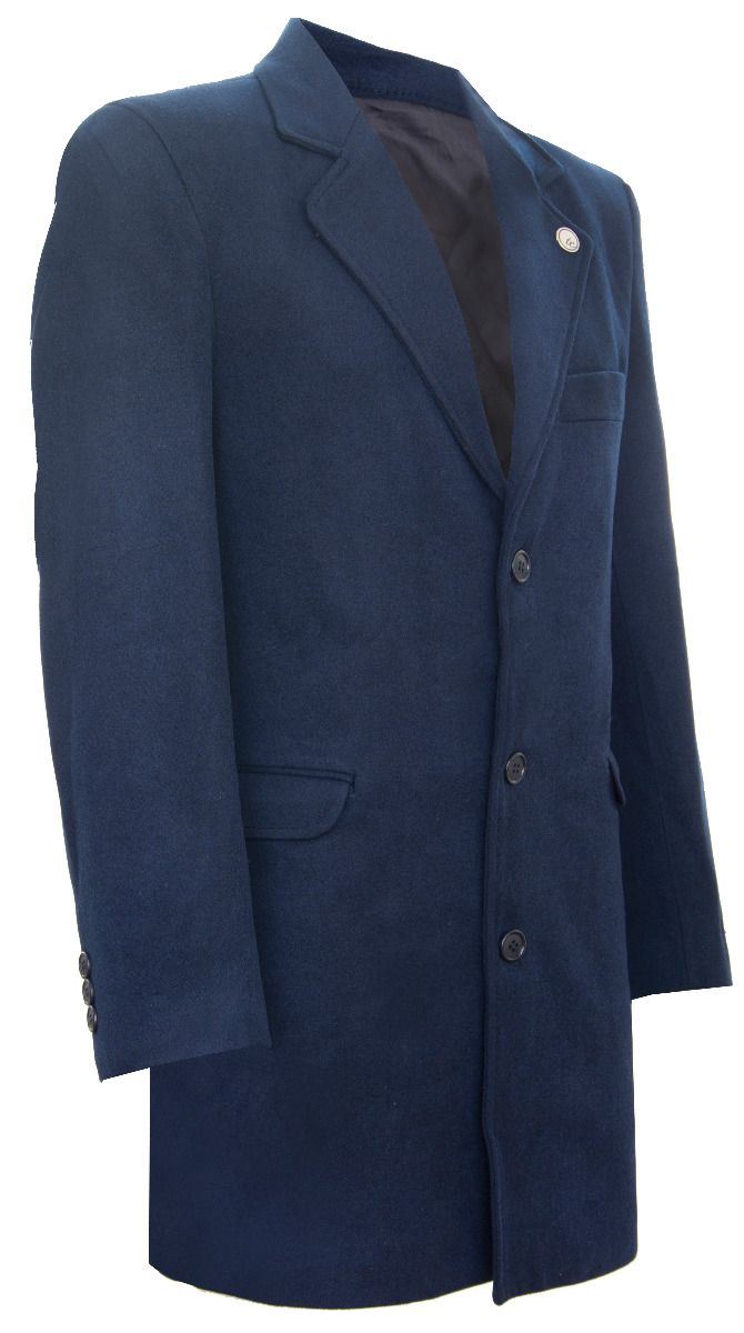 Men's Long Navy Wool Slim Fit Overcoat