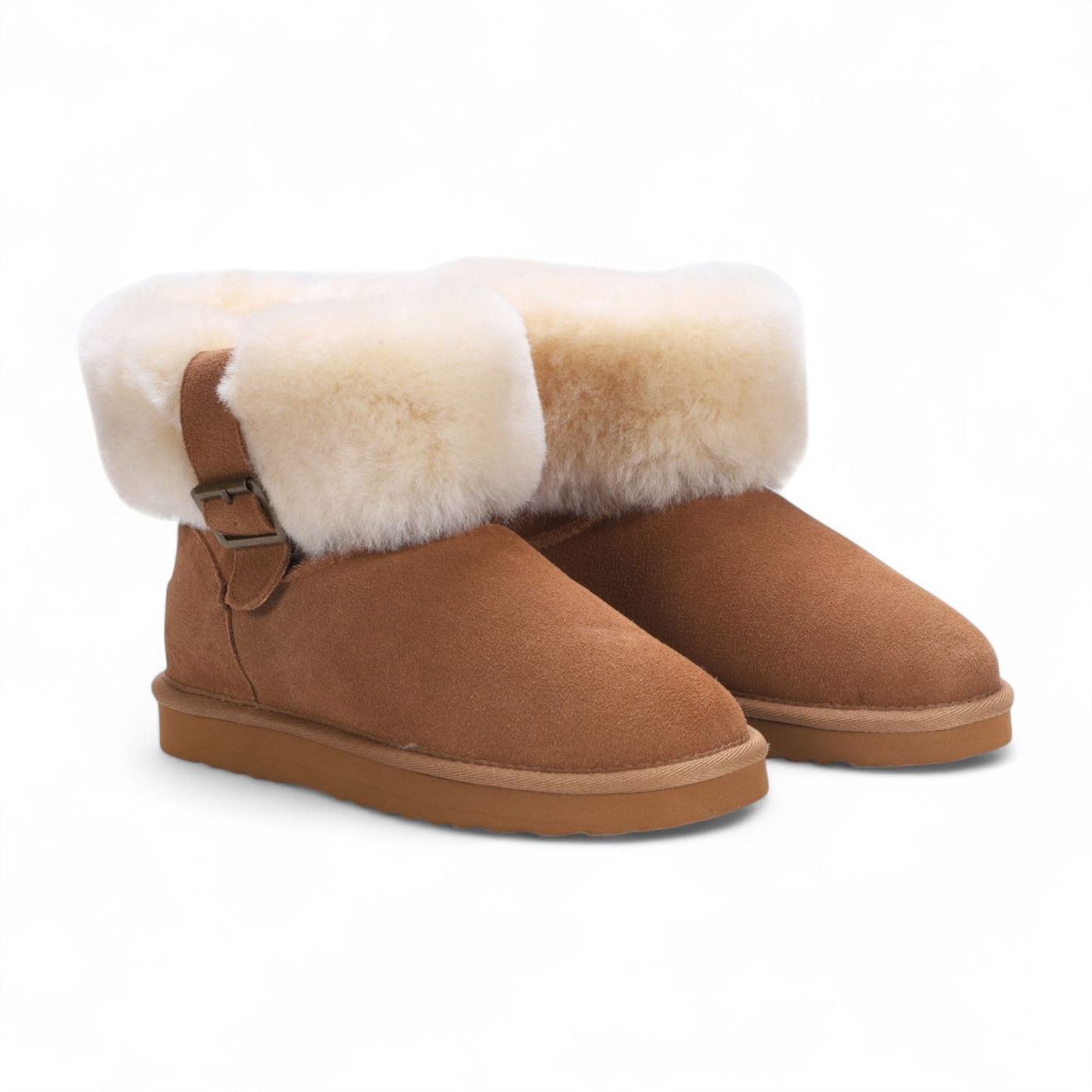 Women's Genuine Sheepskin Tan Suede Ankle Bootie Winter Boots - Granite