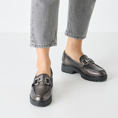 Tamaris Womens Pewter Silver Leather Loafers Slip-On Platform Shoes