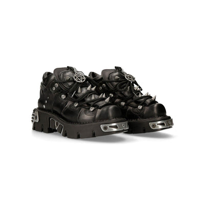 New Rock Black Leather Spiked Ankle Boots-110-S1