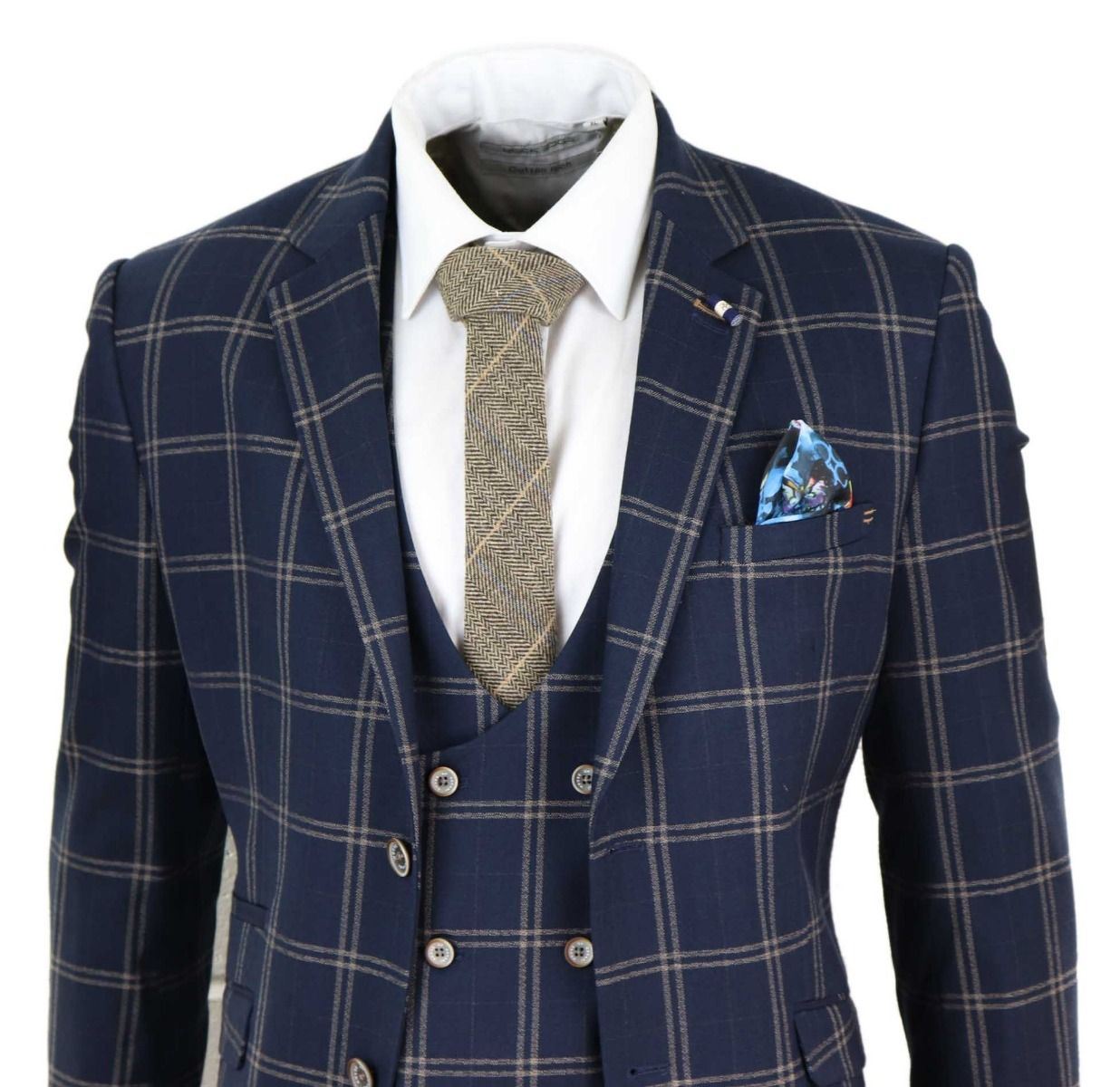 Mens 3 Piece Navy Blue And Tan Check Tweed Retro Classic Suit