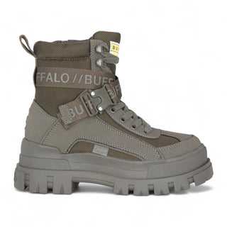 Buffalo Womens Khaki Chunky Platform High Ankle Combat Boots - ASPHA-COM1