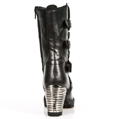 New Rock Ladies Black Leather Metallic Gothic Boots- TR003-S1