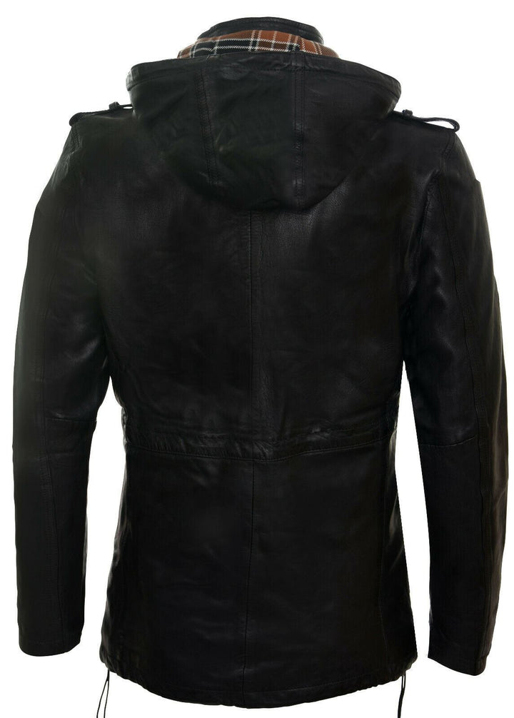 Mens Hooded Trench Multi-Pocket Overcoat Leather Jacket – Infinity