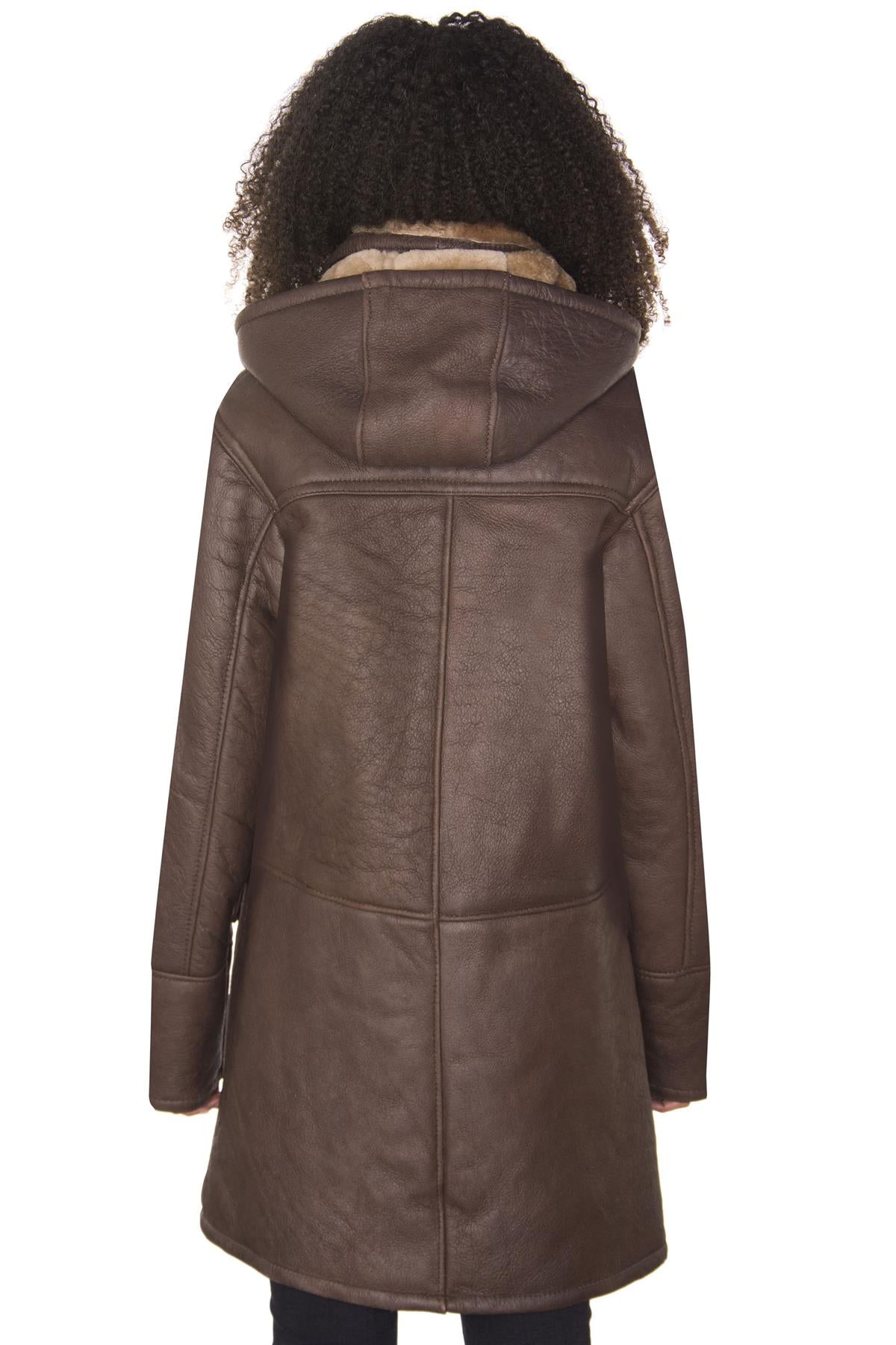 Womens Brown Hooded Sheepskin Leather Duffle Coat-Rugby